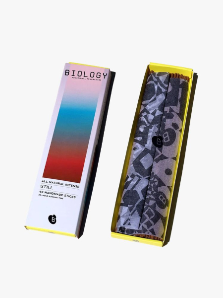 Biology Still Natural Incense in branded components on a light gray background